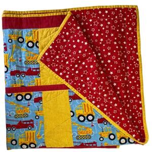 Handmade Quilt Baby Boy Red‎ and Yellow Fire truck, Tractors, Bulldozer 40x42